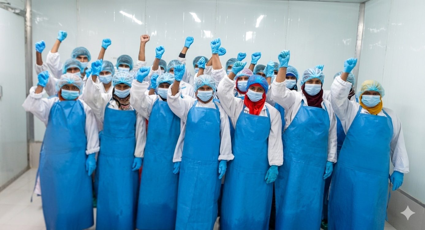 Export processing team in food safety PPE at the facility